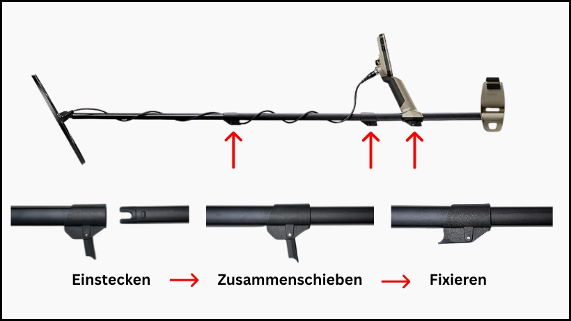 Infografik zum Minelab X-Terra Elite: Oben die Gesamtansicht mit Markierung der Camlock-Verschlüsse, unten die Schritt-für-Schritt-Anleitung für die Montage (Einstecken, Zusammenschieben, Fixieren) des stabilen Aluminiumgestänges.