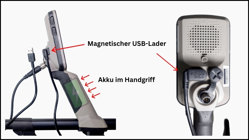 Infografik zum Minelab X-Terra Elite: Detailansicht des magnetischen USB-Ladeanschlusses und Position des Lithium-Ionen-Akkus im Handgriff.