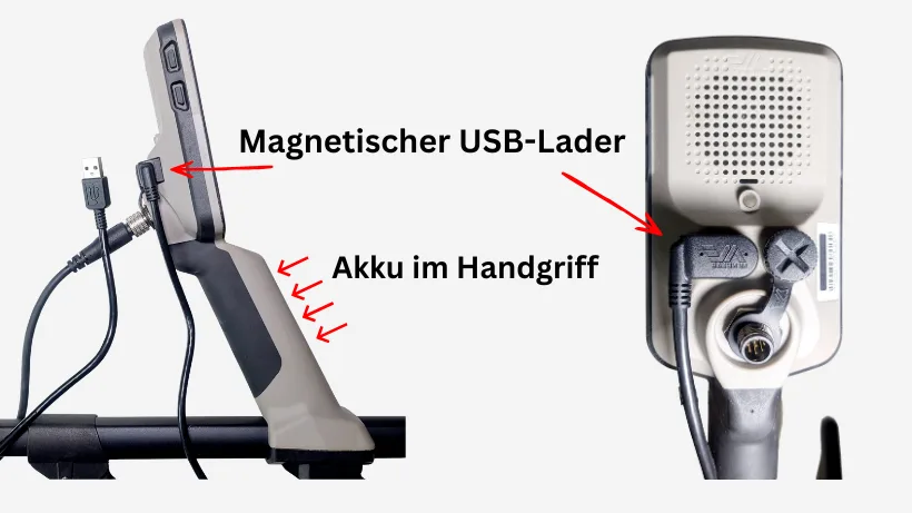 Infografik zum Minelab X-Terra Elite: Detailansicht des magnetischen USB-Ladeanschlusses und Position des Lithium-Ionen-Akkus im Handgriff.