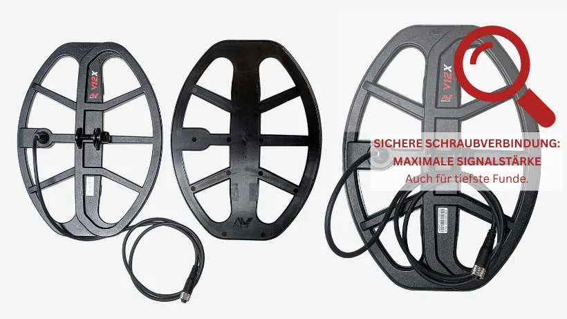 Drei Ansichten der Minelab V12X Suchspule für den X-Terra Elite mit Fokus auf den stabilen Schraubstecker durch eine rote Lupe und den Text: Sichere Schraubverbindung für maximale Signalstärke.