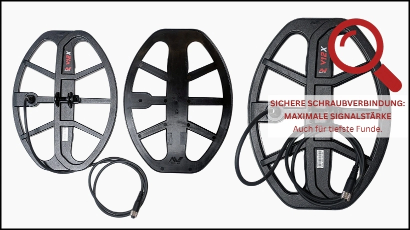 Drei Ansichten der Minelab V12X Suchspule für den X-Terra Elite mit Fokus auf den stabilen Schraubstecker durch eine rote Lupe und den Text: Sichere Schraubverbindung für maximale Signalstärke.
