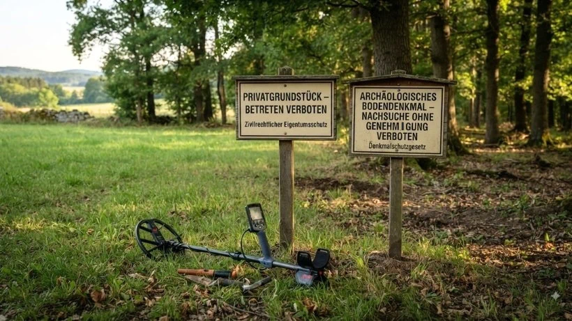 Wiese am Waldrand mit zwei Hinweisschildern zu Zivilrecht und Denkmalschutz; zeigt, dass Betretung und archäologische Nachforschung getrennte Genehmigungen erfordern.