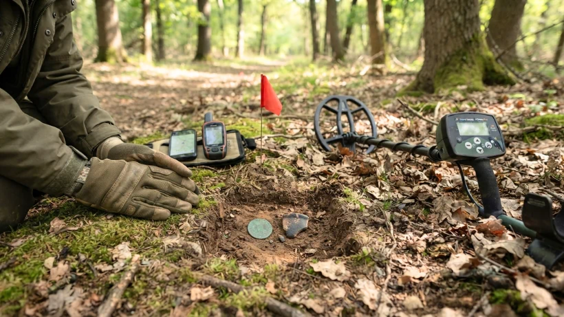 Unveränderter Zufallsfund im Wald; Fundstelle mit Markierungsfähnchen, Metalldetektor und GPS‑Gerät dokumentiert – zeigt korrektes Verhalten bei archäologischen Zufallsfunden.