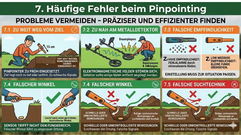 Infografik zu sieben häufigen Fehlern beim Pinpointing, mit Illustrationen zu Abstand, Störungen durch den Metalldetektor, falscher Empfindlichkeit, falschem Winkel und unsauberer Suchtechnik.
