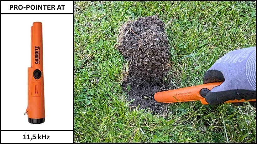 Garrett Pro‑Pointer AT als Produktfoto links und im rechten Bild im praktischen Einsatz beim Lokalisieren eines Fundes in einem Erdloch.