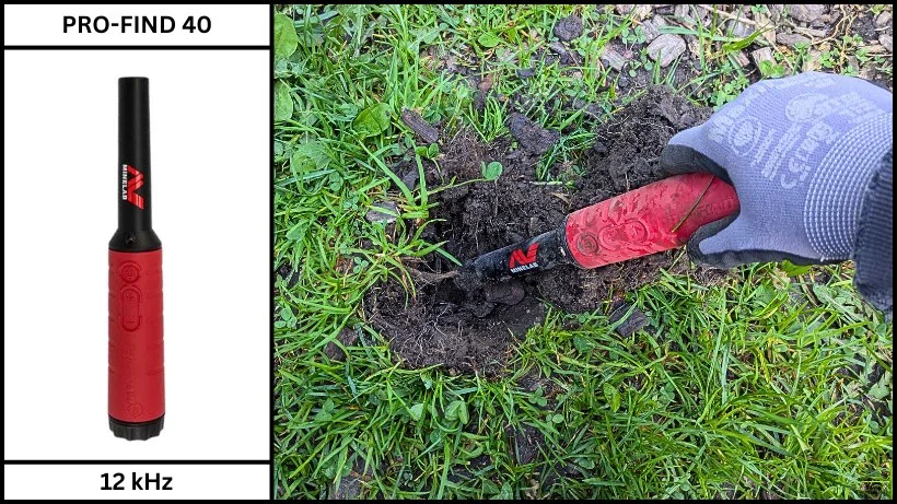Produktfoto eines Minelab Pro‑Find 40 Pinpointer und bei der Ortung eines Fundes im Erdloch.