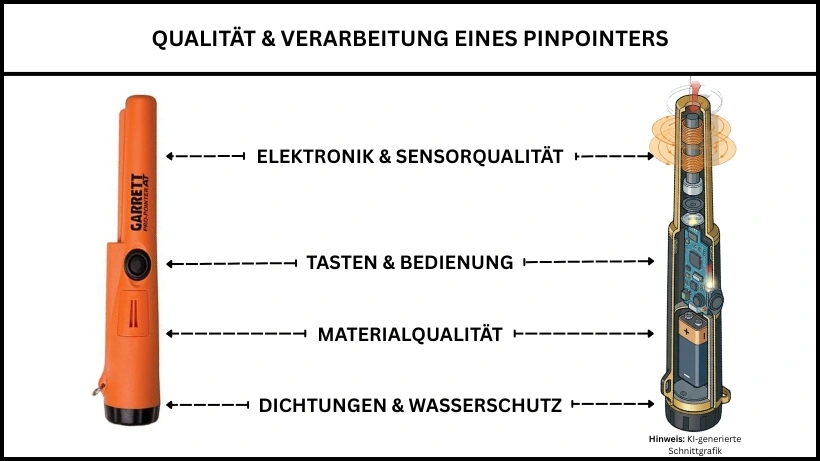 Technische Schnittgrafik des Garrett Pro‑Pointer AT mit Darstellung von Gehäusematerial, Taste, O‑Ring‑Dichtung, Elektronik und Sensoreinheit zur Veranschaulichung der Qualität und Verarbeitung eines Pinpointers.