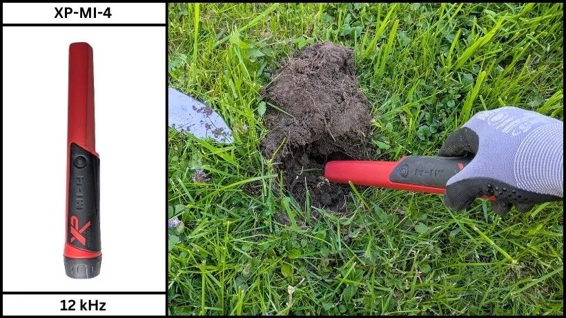 Produktfoto eines XP MI-4 Pinpointer und bei der Ortung eines Fundes im Erdloch.