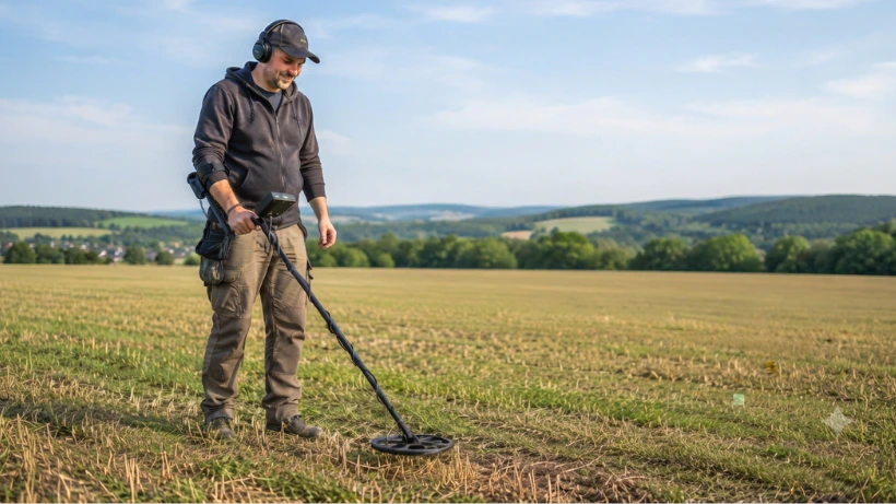 Einsteiger beim Sondeln auf einer Wiese mit Metalldetektor – idealer Einstieg ins Hobby.