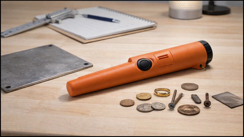 Garrett Pro-Pointer AT Test bei einem Indoor‑Test auf einem Holztisch, umgeben von Münzen, Schrauben, Nägeln, einem Ring und zwei Metallplatten; im Hintergrund Notizblock, Messschieber und Lampe in einer kontrollierten Testumgebung.