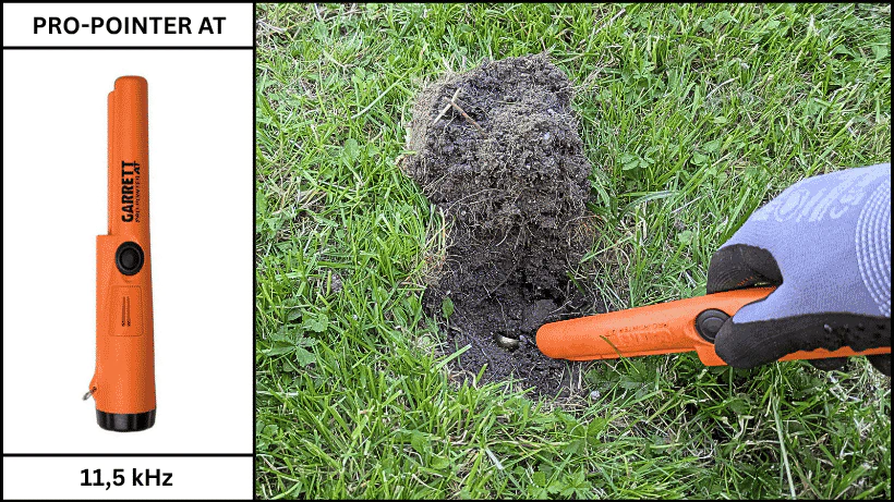 Garrett Pro-Pointer AT Test. Hier ist der PP als Produktfoto links und im rechten Bild im praktischen Einsatz beim Lokalisieren eines Fundes in einem Erdloch.