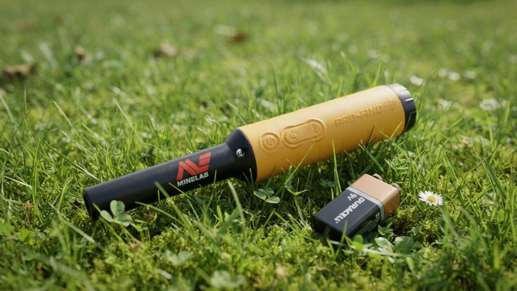 Minelab Pro‑Find 35 liegt im Gras neben einer 9‑Volt‑Batterie, Darstellung des Batteriefachs und der praktischen Energieversorgung für lange Laufzeiten.