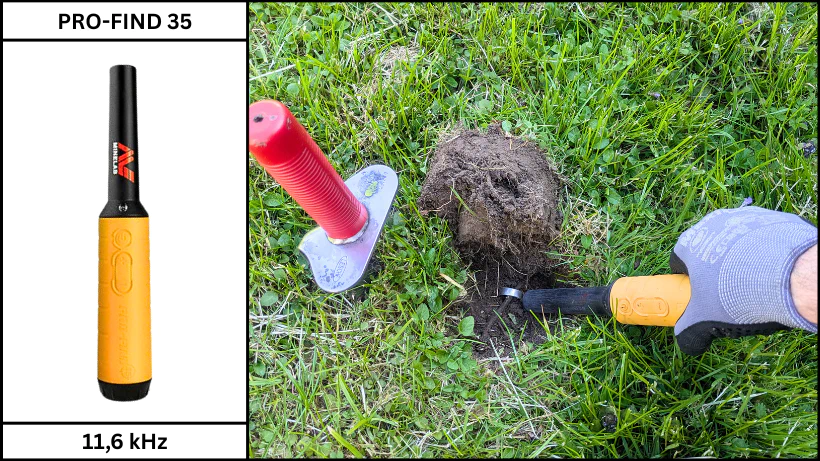 Produktfoto eines Minelab Pro‑Find 35 Pinpointer und bei der Ortung eines Fundes im Erdloch.
