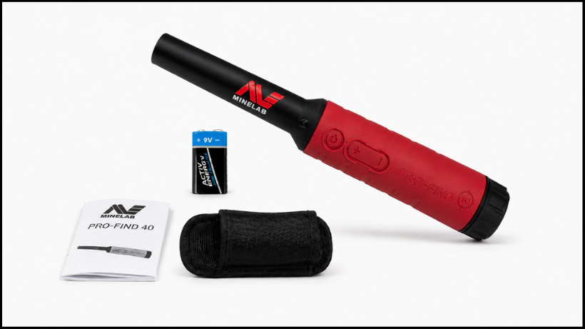 Minelab Pro‑Find 40 Pinpointer mit Holster, 9V‑Batterie und Bedienungsanleitung als kompletter Lieferumfang.