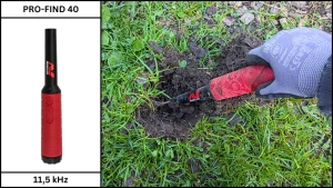 Produktfoto eines Minelab Pro‑Find 40 Pinpointer und bei der Ortung eines Fundes im Erdloch.