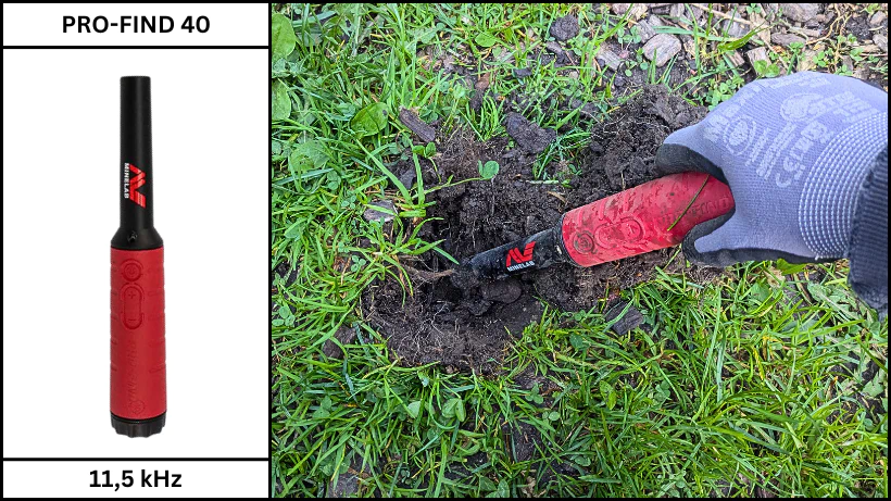 Produktfoto eines Minelab Pro‑Find 40 Pinpointer und bei der Ortung eines Fundes im Erdloch.