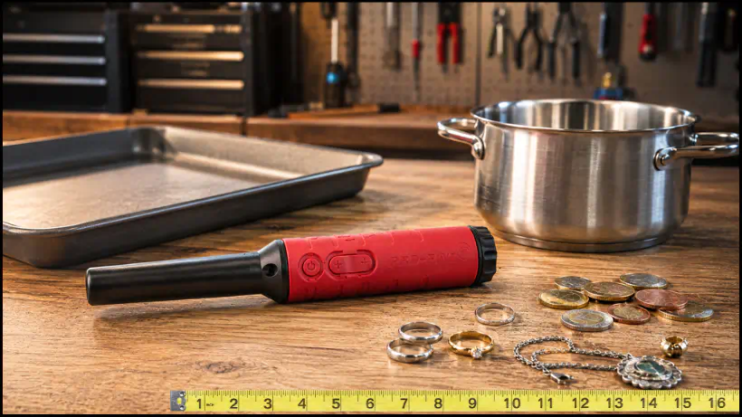 Minelab Pro‑Find 40 bei Reichweitentests zuhause auf der Werkbank, mit Münzen, Schmuck und großen Metallflächen wie Kochtopf und Backblech.
