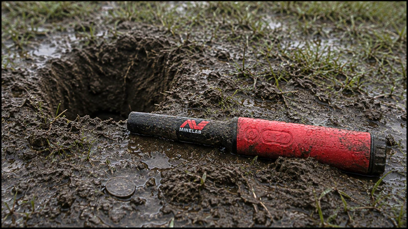 Minelab Pro‑Find 40 liegt im nassen Gras neben einem geöffneten Erdloch, um seine Wasserdichtigkeit und Einsatzfähigkeit bei Regen zu zeigen.