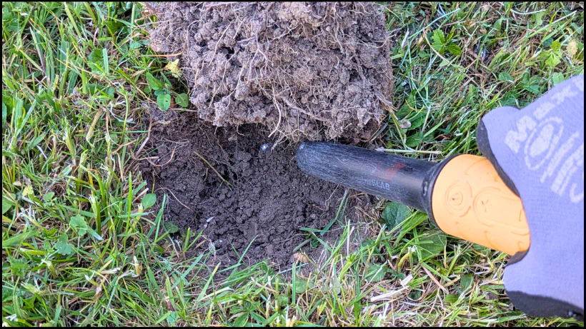 Sondler hebt einen Erdplug aus und nutzt einen Pinpointer im frisch geöffneten Loch, realistische Darstellung des Praxistests draußen auf Wiese und Waldboden.