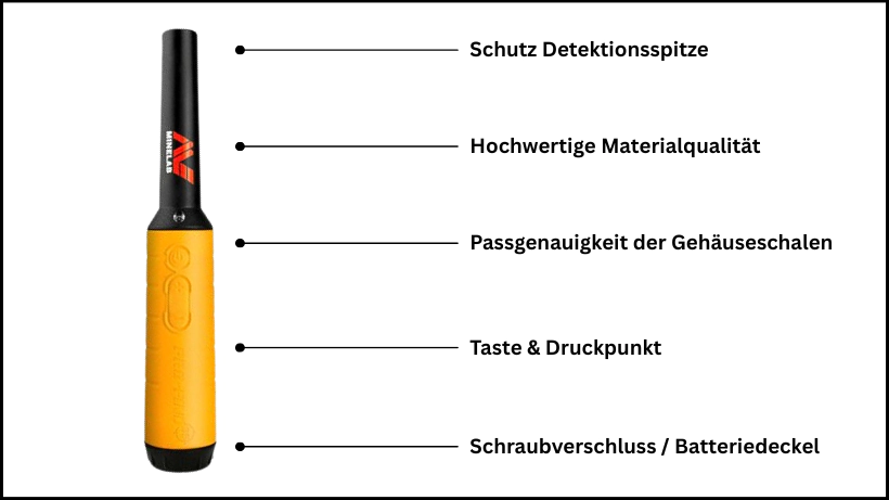 Pinpointer mit detaillierter Darstellung der Verarbeitung, Materialqualität, Druckpunkt der Taste, passgenauen Gehäuseschalen und Batteriedeckel.