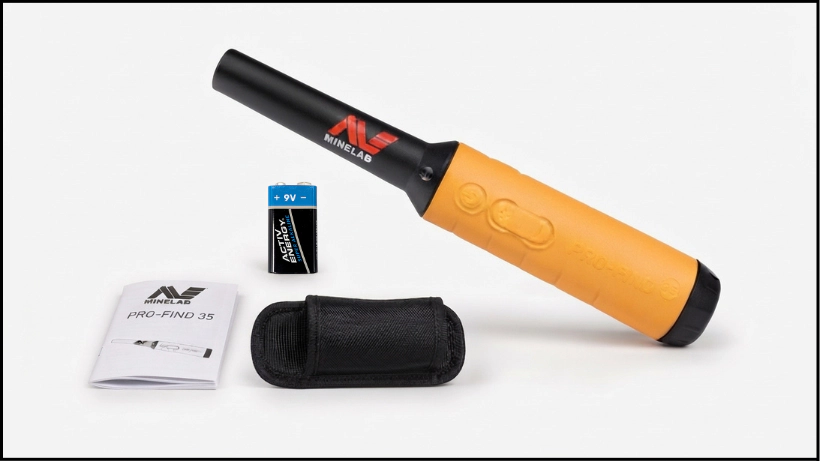 Minelab Pro‑Find 35 Pinpointer mit Holster, 9‑Volt‑Batterie und Bedienungsanleitung als komplettes Set für Sondengänger.