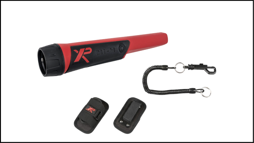 Lieferumfang XP MI‑4 Pinpointer: Pinpointer, Holster, Gürtelhalterung und Sicherungskabel für den Einsatz beim Sondeln.