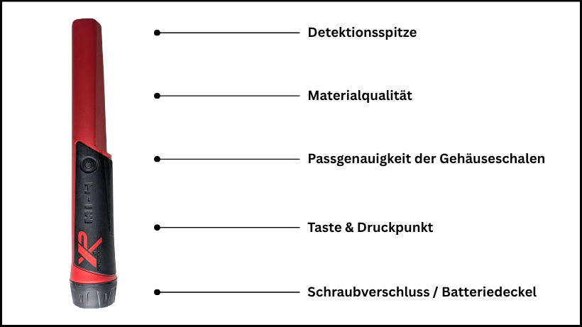 XP MI‑4 Pinpointer Verarbeitung und Materialqualität: Detektionsspitze, Gehäusepassung, Druckpunkt der Taste und Schraubverschluss für den Akku im Detail.