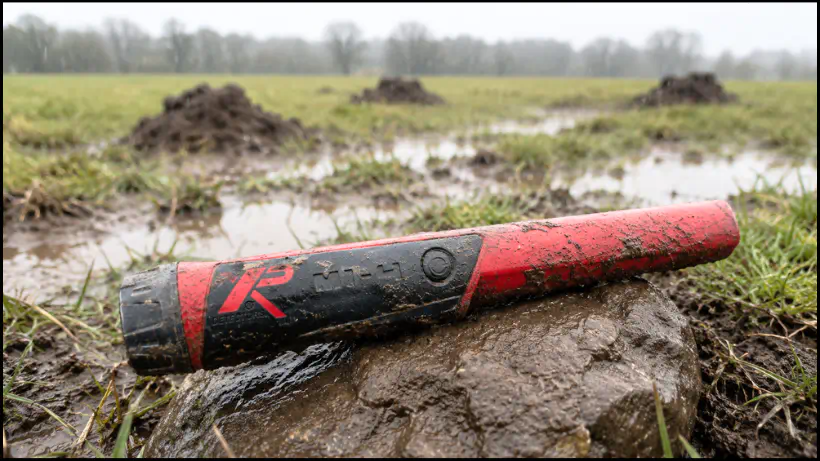 XP MI‑4 Pinpointer im nassen Außeneinsatz auf nassen Boden, um die Wasserdichtigkeit und zuverlässige Funktion bei Regen und feuchten Bedingungen zu zeigen.