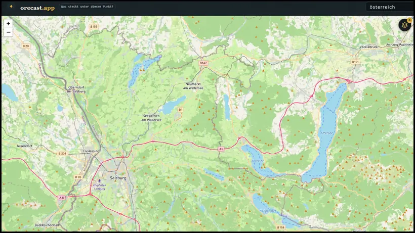 ORECAST-Karte der Salzburg- und Seenregion mit Wallersee, Mattsee, Obertrumer See, Irrsee und Attersee als Grundlage der Bodenauswertung.
