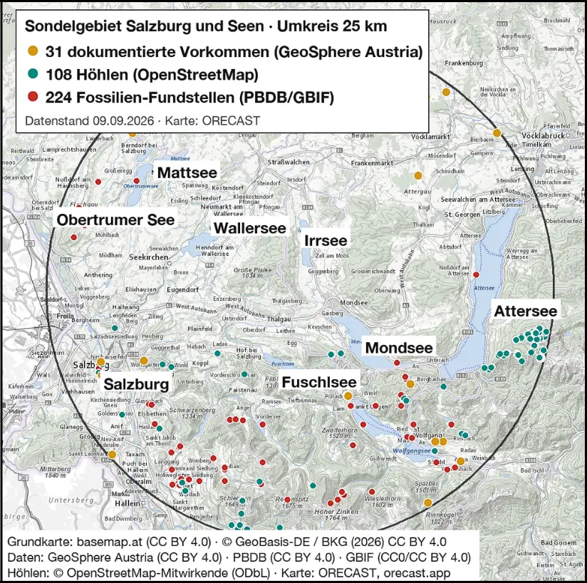 Karte des Untersuchungsgebiets rund um Salzburg, Wallersee, Mattsee, Obertrumer See, Irrsee, Mondsee, Fuschlsee und Attersee mit dokumentierten Vorkommen, Höhlen und Fossilienfundstellen.