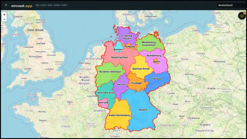 Orecast Deutschlandkarte mit farblich hervorgehobenen Bundesländern als Übersicht der für die Analyse verwendeten Boden- und Geodaten.