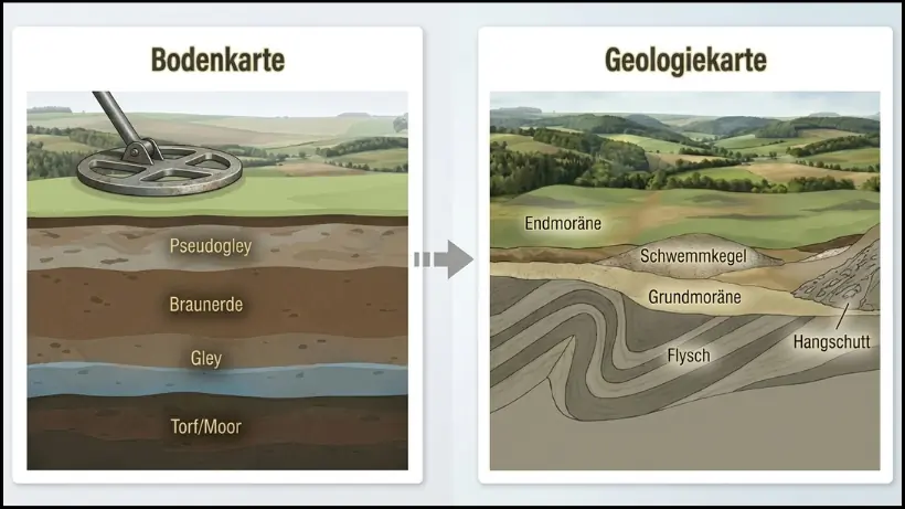 Vergleich zwischen Bodenkarte und Geologiekarte mit Braunerde, Gley und Torf sowie geologischen Einheiten wie Grundmoräne, Endmoräne, Flysch und Schwemmkegel zur Erklärung der Suchbedingungen beim Metalldetektor.
