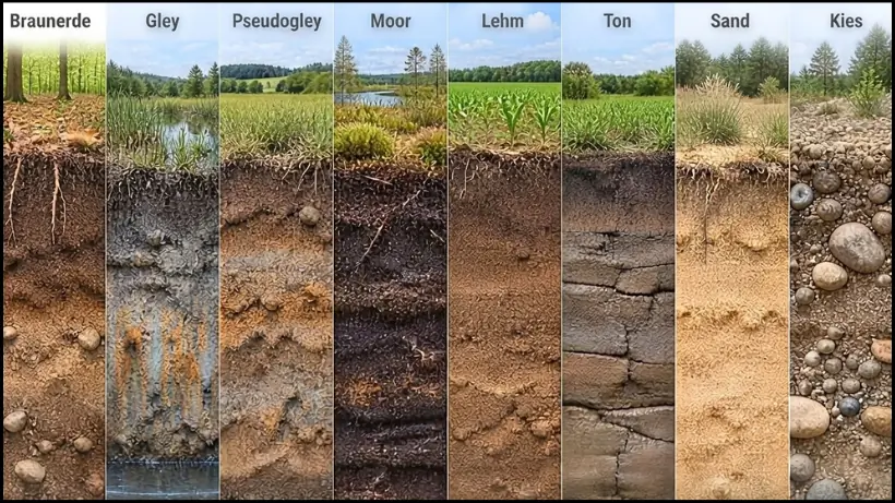 Vergleich der Bodenarten Braunerde, Gley, Pseudogley, Moor, Lehm, Ton, Sand und Kies als Bodenprofile für Sondler.
