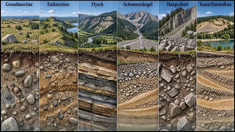 Vergleich der geologischen Formationen Grundmoräne, Endmoräne, Flysch, Schwemmkegel, Hangschutt und Kame beziehungsweise Eisrandkies als Landschafts- und Bodenquerschnitte.