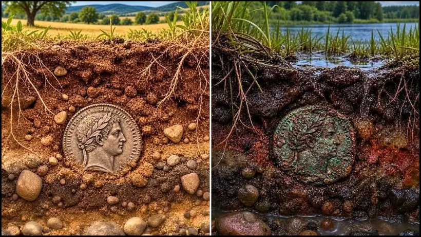 Vergleich zwischen einer gut erhaltenen und einer stark korrodierten Münze. Das Bild zeigt, wie unterschiedliche Bodenbedingungen den Erhalt von Metallfunden beeinflussen können.