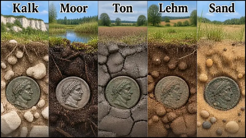 Vergleich historischer Münzen in Kalk-, Moor-, Ton-, Lehm- und Sandböden. Das Bild zeigt den Einfluss verschiedener Bodenarten auf die Erhaltung archäologischer Funde.