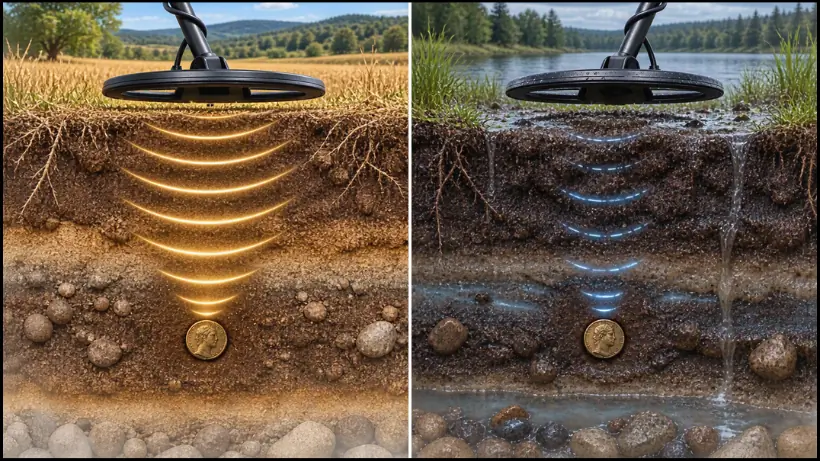 Vergleich zwischen trockenem und feuchtem Boden mit gleicher Münze und gleichem Metalldetektor. Der trockene Boden zeigt eine größere Signalreichweite als der feuchte Boden.