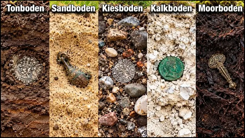 Vergleich von Tonboden, Sandboden, Kiesboden, Kalkboden und Moorboden mit typischen Funderhaltungszuständen und praktischen Beobachtungen aus der Sondelpraxis. Die Suchtiefe beim Metalldetektor hängt auch davon ab!